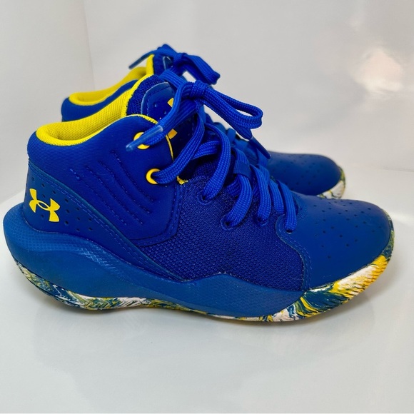 Kids Under Armour Blue and Yellow Boys Sneakers with Ankle Support, ExcellentCon - Picture 1 of 7